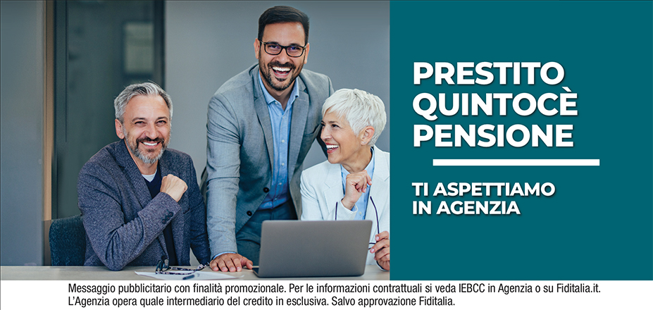 Agenzia Torino S.r.l. Fiditalia | Torino, Collegno, Settimo Torinese | Cessione del Quinto Quintocè - Un consulente dedicato per i progetti di dipendenti e pensionati. Messaggio pubblicitario con finalità promozionale. Per le informazioni contrattuali si veda IEBCC in Agenzia o su Fiditalia. it. L’Agenzia opera quale intermediario del credito in esclusiva. Salvo approvazione Fiditalia.
